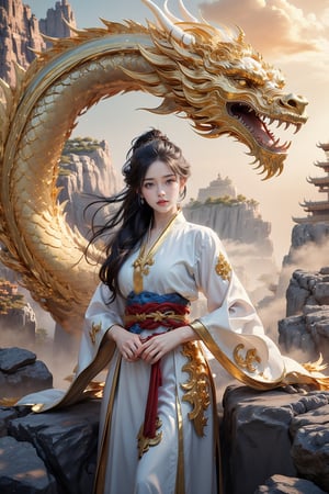 masterpiece, top quality, best quality, official art, beautiful and aesthetic:1.2), (1girl:1.3), , girl, blue hair, hanfu fashion, chinese dragon,  white dragon, (golden theme:1.5), volumetric lighting, ultra-high quality, photorealistic, misty rock moutain background,AgoonGirl