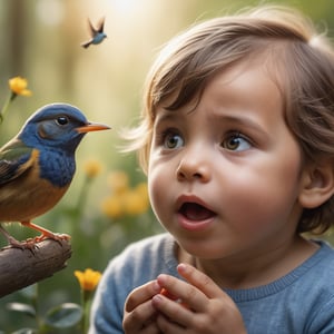 photo r3al,  high quality,  professional photography,  8k,  ultra realistic,  young child watching a small bird flying,  child's face radiating a sense of (childlike wonder) and amazement,  magical moment