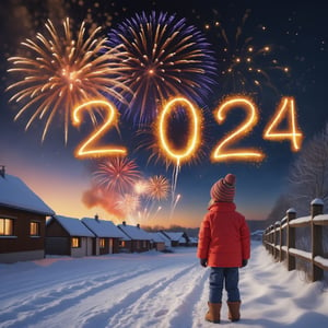 photo r3al, high quality, professional photography, 8k, ultra realistic, child watching New Year's fireworks in winter, fiery text "2024", countryside