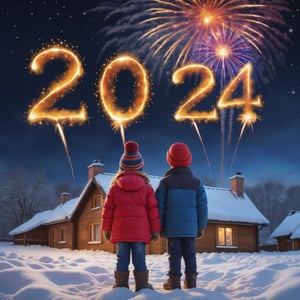 photo r3al, high quality, professional photography, 8k, ultra realistic, child watching New Year's fireworks in winter, fiery text "2024", countryside