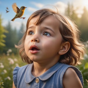 photo r3al,  high quality,  professional photography,  8k,  ultra realistic,  young child watching a small bird flying,  child's face radiating a sense of (childlike wonder) and amazement,  magical moment