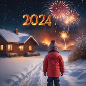 photo r3al, high quality, professional photography, 8k, ultra realistic, child watching New Year's fireworks in winter, fiery text "2024", countryside