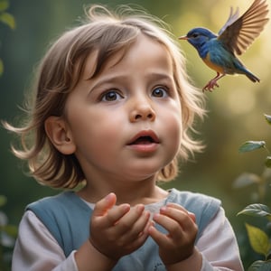 photo r3al,  high quality,  professional photography,  8k,  ultra realistic,  young child watching a small bird flying,  child's face radiating a sense of (childlike wonder) and amazement,  magical moment