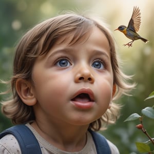 photo r3al,  high quality,  professional photography,  8k,  ultra realistic,  young child watching a small bird flying,  child's face radiating a sense of (childlike wonder) and amazement,  magical moment