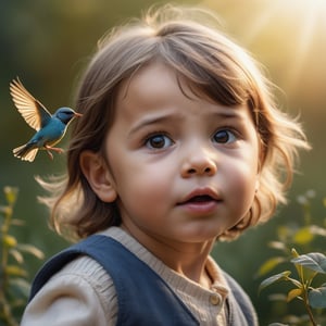 photo r3al,  high quality,  professional photography,  8k,  ultra realistic,  young child watching a small bird flying,  child's face radiating a sense of (childlike wonder) and amazement,  magical moment