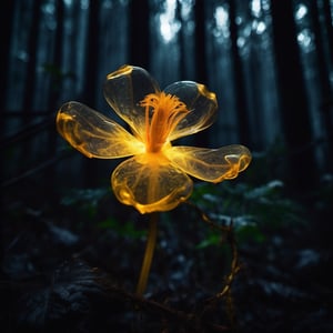 beautiful golden translucent flower growing in dark scary uninviting forest. flower is bathed in magical light. night. cloudy. photographic
