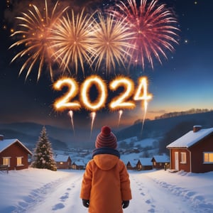 photo r3al, high quality, professional photography, 8k, ultra realistic, child watching New Year's fireworks in winter, fiery text "2024", countryside