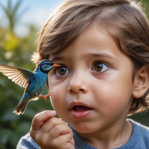 photo r3al,  high quality,  professional photography,  8k,  ultra realistic, 4 years old child watching a small bird flying, child's face radiating a sense of childlike wonder and amazement, awe, impressed, magical moment