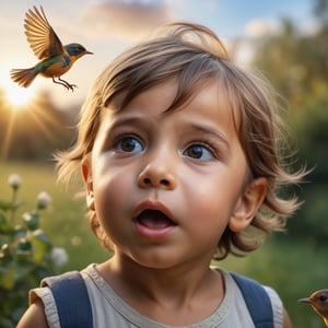 photo r3al,  high quality,  professional photography,  8k,  ultra realistic, young child watching a small bird flying, child's face radiating a sense of (childlike wonder) and amazement