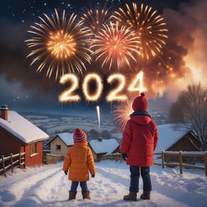 photo r3al, high quality, professional photography, 8k, ultra realistic, child watching New Year's fireworks in winter, fiery text "2024", countryside