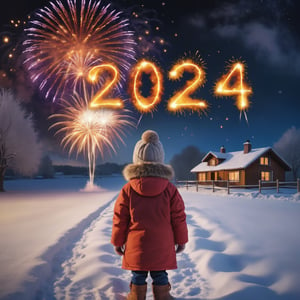 photo r3al, high quality, professional photography, 8k, ultra realistic, child watching New Year's fireworks in winter, fiery text "2024", countryside