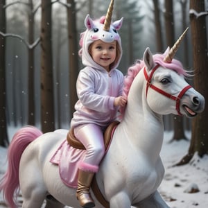 4 year old girl in unicorn costume,  girl is riding real unicorn,  winter,  forest,  snowing,  realistic,  realism,  detailed face