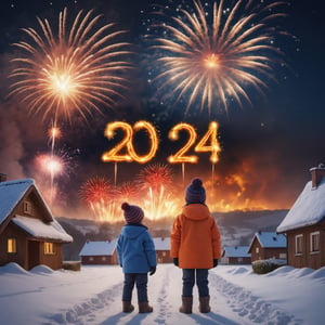 photo r3al, high quality, professional photography, 8k, ultra realistic, child watching New Year's fireworks in winter, fiery text "2024", countryside