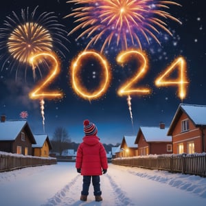 photo r3al, high quality, professional photography, 8k, ultra realistic, child watching New Year's fireworks in winter, fiery text "2024", countryside