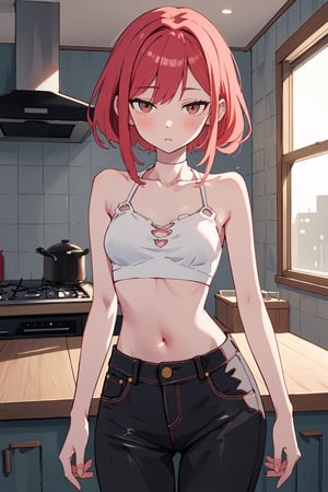 (SaltBaeMeme), by oda non by yogisya, a very skinny girl, red head, sexy baggy crop top,  ribcage,indoors, kitchen, detailed background, twilight, intimacy, soft lighting, masterpiece, best quality, high quality, highres, absurdres, very detailed, high resolution, sharp, sharp image, 8k, vivid, colorful, stunning, anime, aesthetic,skinny, ,Ribs