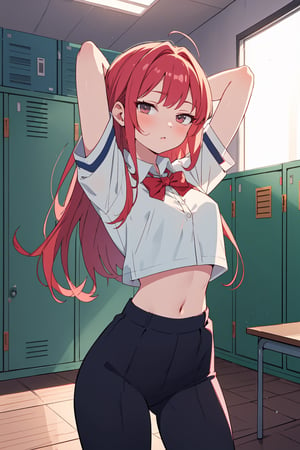 (SaltBaeMeme), by oda non by yogisya, a very skinny girl, red head, sexy school uniform,  arms above head,indoors, locker room, detailed background, twilight, intimacy, soft lighting, masterpiece, best quality, high quality, highres, absurdres, very detailed, high resolution, sharp, sharp image, 8k, vivid, colorful, stunning, anime, aesthetic,skinny, ,Ribs,Skinny