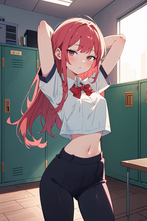 (SaltBaeMeme), by oda non by yogisya, a very skinny girl, red head, sexy school uniform,  arms above head,indoors, locker room, detailed background, twilight, intimacy, soft lighting, masterpiece, best quality, high quality, highres, absurdres, very detailed, high resolution, sharp, sharp image, 8k, vivid, colorful, stunning, anime, aesthetic,skinny, ,Ribs,Skinny