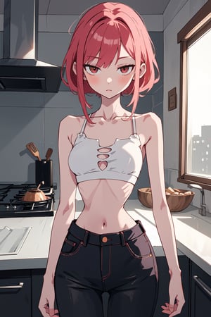 (SaltBaeMeme), by oda non by yogisya, a very skinny girl, red head, sexy baggy crop top,  ribcage,indoors, kitchen, detailed background, twilight, intimacy, soft lighting, masterpiece, best quality, high quality, highres, absurdres, very detailed, high resolution, sharp, sharp image, 8k, vivid, colorful, stunning, anime, aesthetic,skinny, ,Ribs