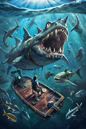 (masterpiece), best quality, high resolution, highly detailed, detailed background, perfect lighting, 1person, on a raft in the middle of ocean, Thalassophobia, big sea monsters, megaladon, underneath the raft, deep waters, top view pov, camera looking down from top. megalohydrothalassophobia, megalophobia