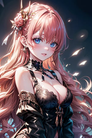 ((Best Quality, Best Quality, Best Quality, Ultra High Resolution, High Definition, HDR, Unity 8K Wallpaper, High Resolution CG, Beautiful Detail, Depth, Delicacy, Ultra High Resolution, Anime Style, Clear)), Detailed Face, Detailed Eyes, Very Long Hair, Pink Hair, Tenebrae, In this breathtaking 8k composition, a space demon figure adorned with tribal tattoos dominates the frame. The fallen angel's eyes glow maliciously and she strikes a sexy pose. Her outfit is finely decorated with embellishments and embroidery, her skirt reveals her D-cup cleavage and panties, and her outfit is covered in flashy tribal tattoos (full body, black lace thigh-high boots). Her lacy skirt is illuminated by glowing lights and Mshiff particles swirl around her face. Her wicked smile is a mesmerizing sight against the vibrantly colored background, highlighting the sinister glow that emanates from her presence.