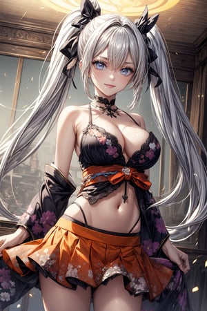 Top quality, Masterpiece, Top quality, Super detail, High resolution, HDR, Unity 16K wallpaper, High definition CG, Beautiful detail, Depth, Fine particle, Ultra particle, Vividness, Epic Seven style, Eye detail, Dark gray eyes, Long hair style, Ponytail, Twin tail, Twin braids, Side twin tail, Select), Shiny white hair, Facial detail, Best smile, (Change to cute expression), (Change to cute pose), Accessories, (Super detailed highly revealing floral kimono), Detailed obi, Cleavage, Thin waist, Thin waist, Break, Japanese style mini skirt, Sticking out buttocks, Embroidered bikini panties, Above the knee, Beautiful bright color, (Orange light), (Light particle wallpaper), (Shimmering light), Cowboy shot, Gothic detail, Cute gothic living room