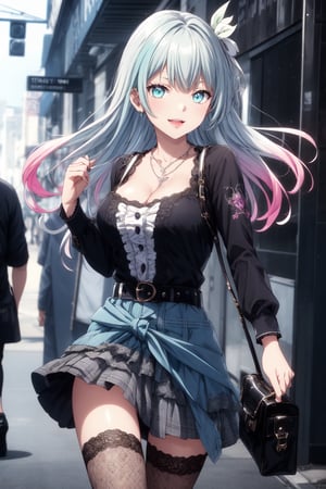 (((Masterpiece, Top Quality, High Resolution))), 16K, Blake. ((StyleofEpicSeven))), In-universe:, Eye details 1.3, Looking to the side, Blake, Face details, One girl, Hair is a gradient color that changes from soft pink to pastel blue, (Mint green: 1.2). Be sure to change your hairstyle: 1.3, Accessories, Elaborate military style white idol uniform. Detailed embroidery and cute design, Mouth open, Revealing, Y2K cosplay uniform look with multi-colored trim and detailed details. Mini skirt with fine frills: 1.3, (change mouth movement, Menhera Gothic fashion), thigh gap, (colorful uniform), cute dance, (StyleofEpicSeven), D-cup cleavage, break, very bright colors, light-gathering spirit beast, light particles, shining light, Mshiff, wallpaper art change, UHD wallpaper, cowboy shot, action pose change, best smile, evil shine, ((skirt fluttering in the wind, additional details: do not rewrite prompt, kagenari official stylish, different hair color, different eyes, eye shape change, bangs change

A stylish figure stands confidently in a grunge-inspired outfit. She has an edge A black long sleeve graphic top with a bold dark themed design is layered over a red and black checked skirt. The pleated skirt has a punk rock vibe, further enhanced by the fishnet tights visible underneath. Black chunky knee-length boots with lace-up detailing complete the bold aesthetic. Accessories include a matching checked handbag, a silver necklace and a studded belt around the waist. The overall look has a streetwear vibe against a gritty urban backdrop in muted tones. The lighting casts subtle shadows, accentuating the underground and alternative vibe.