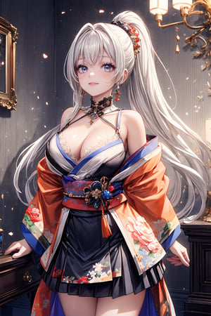 Top quality, Masterpiece, Top quality, Super detail, High resolution, HDR, Unity 16K wallpaper, High definition CG, Beautiful detail, Depth, Fine particle, Ultra particle, Vividness, Epic Seven style, Eye detail, Dark gray eyes, Long hair style, Ponytail, Twin tail, Twin braids, Side twin tail, Select), Shiny white hair, Facial detail, Best smile, (Change to cute expression), (Change to cute pose), Accessories, (Super detailed highly revealing floral kimono), Detailed obi, Cleavage, Thin waist, Thin waist, Break, Japanese style mini skirt, Sticking out buttocks, Embroidered bikini panties, Above the knee, Beautiful bright color, (Orange light), (Light particle wallpaper), (Shimmering light), Cowboy shot, Gothic detail, Cute gothic living room