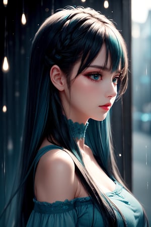 (Masterpiece, Ultra-detailed, Photorealistic), soft lighting, cool tones. A solo girl with long, flowing ((dark blue and teal gradient hair)), gently swaying in the wind. Her hair, slightly messy yet elegant, features subtle light reflections that highlight various shades of blue. She has pale, flawless skin, soft makeup with a hint of blush, and naturally parted lips, slightly open. Her deep, distant gaze looks towards the horizon, exuding a sense of calm and introspection. She wears a delicate choker and a simple, dark off-shoulder top, enhancing her serene, atmospheric presence. The background shows a blurred minimalist urban setting, bathed in cool ambient light, emphasizing the subject even more.

She is shown in a close-up profile view, with her long wavy hair extending down, intricate braids subtly woven in. Her eyelashes are tinted, giving her an ethereal touch. The setting hints at an indoor scene, with a window visible, softly blurred, and rain falling outside. Her dress, black and flowing, complements her slightly tousled hair. The overall mood is serene, reflective, with her multi-colored hair providing a striking contrast against the soft tones of the environment.