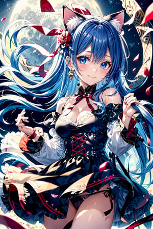 1girl, solo, long hair, breasts, looking at viewer, blush, smile, bangs, blue eyes, skirt, large breasts, hair ornament, long sleeves, dress, ribbon, animal ears, cleavage, bare shoulders, jewelry, medium breasts, closed mouth, underwear, blue hair, standing, panties, flower, thighs, cowboy shot, earrings, frills, detached sleeves, cat ears, hair flower, wide sleeves, white dress, red ribbon, animal ear fluff, black panties, night, floating hair, moon, white skirt, red flower, extra ears, full moon