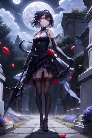 1 woman, solo, dress, flowers, roses, knee-highs, short hair, black hair, weapon, scythe, gloves, moon, chest, elbow gloves, holding, blue flowers, cross, night, red eyes, looking at viewer, black dress, blue roses, standing, graveyard, black knee-highs, holding weapon, full body, jewelry, medium sized breasts, flower petals, black gloves, bangs, gravestone, bare shoulders, high heels, outdoors, holding scythe, sleeveless dress, earrings, sky, sleeveless, full moon, glowing