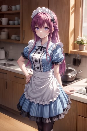 masterpiece, best quality, highres, 1girl, solo, long hair, purple hair, braid, maid headdress, purple eyes, neck ribbon, frills, vertical stripes, blue dress, short sleeves, apron, black pantyhose, , frown, hand on hip, indoors,1girl