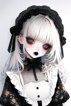 Shoujo manga style,1girl,ultra cute, Harajuku Style grunge fashion with kawaii and Lolita themes, albino demon girl,(pure white 
long hair),(black sclera;1.2),luxury mesh fishnet blouse,dal-1,ct-niji2,black hands