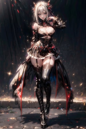 ((Top Quality, Masterpiece, Top Quality, Super Fine, High Resolution, HDR, Unity 8K Wallpaper, High Resolution CG, Beautiful Details, Depth, Subtlety, Super Fine, Clear)),In this breathtaking 8K composition, a cosmic demon figure adorned with tribal tattoos dominates the frame. The fallen angel's eyes glow maliciously as she strikes a sexy pose, her outfit detailed with embellishments and embroidery, her skirt revealing her D-cup cleavage and panties, and her garb is covered in garish tribal tattoos (full body, black lace-up thigh-high boots). The lacy skirt is illuminated by glowing lights, and Mshiff particles swirl around her face. Her wicked smile is a tempting sight against the vibrantly colored background, accentuating the sinister glow that emanates from her presence.,(((masterpiece, highest quality, high re