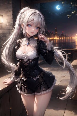 ((Top Quality, Masterpiece, Top Quality, Super Detail, High Resolution, HDR, Unity 16K Wallpaper, High Definition CG, Beautiful Details, Depth, Fine Grain, Super Fine, Vivid)), Style by Epic Seven, Eye Detail, Dark Gray Eyes, break, long hairstyle, ((choose one from ponytail, twin tail, twin braid, side twin tail))), shining white hair, face detail, best smile, ((please change the cute expression)), (Please change the cute pose) Accessories, (Super Detail Gym) (Bloomers) Thin waist, Thin waist, Blake, (Thin thighs, thin legs), (Very detailed), Cleavage, Break, Beautiful bright colors, (orange light) (light particles wallpaper), (shining light) ), cowboy shots, gothic details, cute gothic living room, room luxury, ((moonlight at night)), night sky, Moon, Veranda, Gothic Town, Additional Details, Noise Method, Vivid