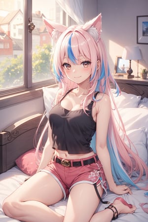 1girl, solo, long hair, breasts, looking at viewer, blush, smile, bangs, shirt, black hair, animal ears, bare shoulders, brown eyes, medium breasts, sitting, very long hair, closed mouth, collarbone, pink hair, purple hair, white hair, thighs, multicolored hair, shorts, sleeveless, belt, indoors, off shoulder, two-tone hair, animal ear fluff, pillow, black shirt, short shorts, window, sleeveless shirt, bed, on bed, tank top, red shorts, pink shorts