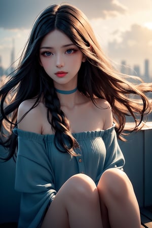 Highly detailed and realistic, soft lighting, cool tones. A girl with long, flowing hair (with a gradient of dark blue and teal) sways gently in the wind on a rooftop. Her hair, slightly tousled yet elegant, bathes in soft sunlight, with subtle reflections bringing out the various shades of blue. She has pale, flawless skin, soft makeup and a hint of red, and her naturally parted lips are slightly open. She looks down and shy, exuding a calm, introspective vibe. She wears a delicate choker and a simple, dark, off-the-shoulder top, amplifying her serene, atmospheric presence.

The scene is shot from the knees up as if it were taken with a smartphone, exuding an intimate, candid atmosphere. A rooftop is shown in the background, with the minimalist city structure blurred to highlight the girl. A soft wind blows her long, wavy hair, subtly woven into the intricate braids, accentuating her dreamy look. Her eyelashes are tinted, enhancing the overall dreamy atmosphere. A rooftop railing and a cityscape in the distance are visible, and the cool ambient light of an overcast sky creates a serene atmosphere. The overall mood is introspective and peaceful, with her multi-coloured hair contrasting beautifully against the serene urban backdrop.