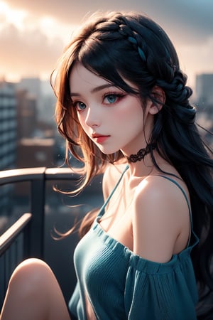 Highly detailed and realistic, soft lighting, cool tones. A girl with long, flowing hair (with a gradient of dark blue and teal) sways gently in the wind on a rooftop. Her hair, slightly tousled yet elegant, bathes in soft sunlight, with subtle reflections bringing out the various shades of blue. She has pale, flawless skin, soft makeup and a hint of red, and her naturally parted lips are slightly open. She looks down and shy, exuding a calm, introspective vibe. She wears a delicate choker and a simple, dark, off-the-shoulder top, amplifying her serene, atmospheric presence.

The scene is shot from the knees up as if it were taken with a smartphone, exuding an intimate, candid atmosphere. A rooftop is shown in the background, with the minimalist city structure blurred to highlight the girl. A soft wind blows her long, wavy hair, subtly woven into the intricate braids, accentuating her dreamy look. Her eyelashes are tinted, enhancing the overall dreamy atmosphere. A rooftop railing and a cityscape in the distance are visible, and the cool ambient light of an overcast sky creates a serene atmosphere. The overall mood is introspective and peaceful, with her multi-coloured hair contrasting beautifully against the serene urban backdrop.