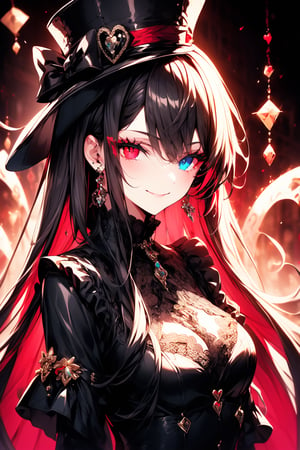 1girl, solo, long hair, breasts, looking at viewer, smile, bangs, blue eyes, black hair, red eyes, hat, bow, jewelry, closed mouth, upper body, heart, multicolored hair, earrings, black headwear, heterochromia, top hat, heart earrings, diamond \(shape\), spade \(shape\)