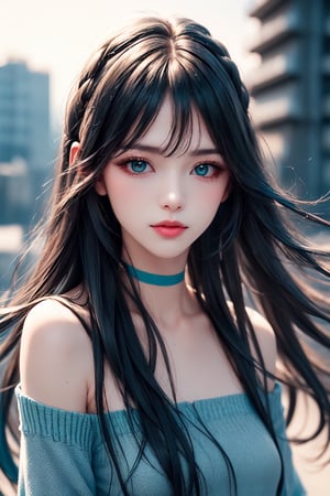 , Ultra-detailed, Photorealistic), soft lighting, cool tones. A solo girl with long, flowing ((dark blue and teal gradient hair)), gently swaying in the wind on a rooftop. Her hair, slightly messy yet elegant, catches the soft sunlight, with subtle reflections enhancing various shades of blue. She has pale, flawless skin, with soft makeup and a hint of blush, naturally parted lips slightly open. Her deep, distant gaze looks towards the horizon, exuding a calm and introspective mood. She wears a delicate choker and a simple, dark off-shoulder top, amplifying her serene and atmospheric presence.

The scene is captured as if shot on a smartphone, creating an intimate and candid feel. The background reveals a rooftop setting, with minimalistic urban structures blurred out, emphasizing the girl. Soft wind blows her long wavy hair, with intricate braids subtly woven in, adding to her ethereal appearance. Her eyelashes are tinted, enhancing the overall dreamy vibe. The rooftop railing and distant cityscape are visible, with the cool ambient light of an overcast sky casting a serene atmosphere. The overall mood is reflective and peaceful, with her multi-colored hair contrasting beautifully against the calm urban background.