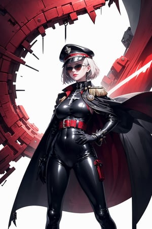 (((Masterpiece, Top Quality, High Resolution))), 16K, Blake, ((StyleofEpicSeven)), Highly detailed, One Girl, Pale skin, Short white hair, Bob cut, Cool glasses, Wearing military officer hat, Black and silver officer hat with intricate designs, Black sunglasses, Red lipstick, Sharp facial features, Calm expression, Slight smile, Glossy black latex bodysuit, Form-fitting outfit, Red and black cross emblems on chest, Cross-shaped accessories, Tight waist belt with multiple buckles, Leather straps and belts, Black gloves, Red lining on gloves, Black high-collared coat, Dark gothic military uniform, Red cape attached to coat, Detailed metal shoulder plates, Metal spikes and decorations, Gothic cross motifs on outfit, Leather holster with sword and dagger, Holding the brim of the cap with one hand, Black high-heeled boots, Glossy texture on outfit, Tight shiny latex pants, Black and red color scheme, (High contrast with red background), Full body shot, Strong lighting, No background details, Dark and bold atmosphere, Intense and confident pose, Intricate armor details, Gothic fashion, Hyper-detailed, UHD wallpaper, Additional details: Do not rewrite prompt, Kagenari official stylish