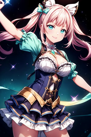 (((masterpiece, highest quality, high resolution))), 16K, Blake. ((Epic Seven style))), cruel, space demon, cruel, evil, eye detail 1.3, Blake, face detail, one girl, hair is a gradient color that changes from soft pink to pastel blue to mint green. Be sure to change the hairstyle: 1.3, accessories, elaborate Vtuber style outfit. ((Vtuber Kochou Noa outfit)) Detailed embroidery and cute design, high exposure, multicolored trim, detailed details. The mini skirt is layered with detailed accents: 1.3, ((Menhera Vtuber fashion)), ((A little bit of the skirt is visible)), (Epic Seven style), D-cup cleavage, Blake, very bright colors, light-gathering spirit animal, light particles, shining light, Mshiff, wallpaper art change, UHD wallpaper, cowboy shot, action pose change, best smile, evil glow.