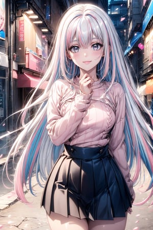 ((best quality, masterpiece, best quality, super detailed, high resolution, HDR, Unity 16K wallpaper, high resolution CG, beautiful details, depth, fine grain, super fine, vivid)), epic seven style, detailed face, detailed eyes, dark dark grey eyes, blake, glowing hair, (white hair, inner hair pink), (inner hair pink), super long hair, gradient hair color, ((two-tone hair color 1.5)), blake, high resolution hair, cutely arranged long hair, (best smile), accessories, ((y2k striped knit sweater)), blake, high waist pleated miniskirt, (stocking details)), medium bust, blake, ((cute pose change)), very bright color, light particles, orange particles, close up, cityscape, shopping, extra details, two-tone hair