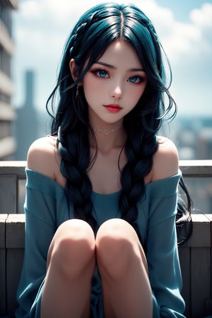 Highly detailed and realistic, soft lighting, cool tones. A girl with long, flowing hair (with a gradient of dark blue and teal) sways gently in the wind on a rooftop. Her hair, slightly tousled yet elegant, bathes in soft sunlight, with subtle reflections bringing out the various shades of blue. She has pale, flawless skin, soft makeup and a hint of red, and her naturally parted lips are slightly open. She looks down and shy, exuding a calm, introspective vibe. She wears a delicate choker and a simple, dark, off-the-shoulder top, amplifying her serene, atmospheric presence.

The scene is shot from the knees up as if it were taken with a smartphone color lens, exuding an intimate, candid atmosphere. A rooftop is shown in the background, with the minimalist city structure blurred to highlight the girl. A soft wind blows her long, wavy hair, subtly interwoven with intricate braids, accentuating her dreamy look. Her eyelashes are tinted, enhancing the overall dreamy atmosphere. A rooftop railing and a cityscape in the distance are visible, and the cool ambient light of an overcast sky creates a serene atmosphere. The overall mood is introspective and peaceful, with her multi-colored hair contrasting beautifully with the serene urban backdrop.