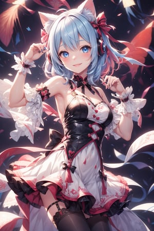 1 girl, solo, breasts, looking at viewer, blushing, smiling, bangs, blue eyes, knee-highs, dress, ribbon, animal ears, bare shoulders, medium breasts, blue hair, standing, pink hair, hair ribbon, thighs, colorful hair, cowboy shot, lips parted, sleeveless, black knee-highs, virtual youtuber, cat ears, hands up, medium hair, armpits, nail polish, white dress, two-tone hair, headphones, zettai ryouiki, animal ear hair, wrist cuffs, short dress, extra ears, colored inner hair<lora:EMS-91280-EMS:1.000000