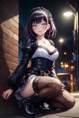 ((Best quality, best quality, super high resolution, high resolution, HDR, Unity 8K wallpaper, high resolution CG, beautiful details, depth, delicacy, super high resolution, clear)) , (Epic Seven style), D-cup cleavage, break, please be sure to change the hairstyle and hair color. Please change the bangs. Please be sure to change the eye color and eye shape. She is confident in her Lolita-style outfit. Menhera Lolita long sleeve graphic top and detailed design crop top with blush, smile, bold and cute dark theme design. Low-waisted shorts. The pleated skirt has a Menhera Lolita vibe, which is further accentuated by the fishnet tights visible from underneath. Black chunky knee-length boots with shorts detailing complete this bold aesthetic. The black patterned handbag is embroidered with cute cross designs and logos. , She wears a detailed silver necklace and a studded belt around her waist as accessories. The detailed studded belt is very beautiful. Please be sure to change the Lolita fashion. We are drawn to her as she sits with her feet on the ground and her knees bent. The overall look has a streetwear vibe against a watercolor urban background. Nighttime and moonlit lighting casts subtle shadows, accentuating the underground and alternative vibe.