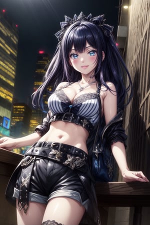 ((Best quality, highest quality, ultra high quality, high resolution, HDR, Unity 8K wallpaper, high resolution CG, beautiful details, depth, delicacy, ultra high quality, vivid)) , (Epic Seven style), D cup cleavage, break, be sure to change hairstyle and hair color. Be sure to change bangs. Be sure to change eye color and eye shape. She is full of confidence in her gal-style outfit. A shirt with a street fashion design. A crop top with embroidery, blush, smile, a detailed design crop top with a bold and cute dark theme design. Collarbone, low-waisted shorts. The pleated skirt has a punk atmosphere, which is further accentuated by the striped knee socks visible from below. Thigh straps. The black chunky knee-length boots and shorts detail complete this bold aesthetic. The black patterned handbag is embroidered with a cute and logo. , As accessories, she wears a fine silver necklace and a studded belt around her waist. The fine studded belt is very beautiful. Knitted tights with a fleur-de-lis pattern. Change outfit. We are drawn to her as she sits with her feet on the ground and her knees bent. The overall look has a streetwear vibe against a watercolor-like urban background. Nighttime and moonlit lighting casts subtle shadows, accentuating the underground and alternative vibe.