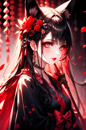 1girl, solo, long hair, looking at viewer, bangs, black hair, hair ornament, holding, jewelry, upper body, flower, earrings, japanese clothes, choker, hair flower, blunt bangs, kimono, nail polish, grey eyes, makeup, mask, red flower, tassel, red nails, red lips, black kimono, fox mask