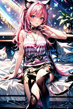 An animated image of a girl with long pink hair and cat ears. She is wearing a purple and white striped tank top with a black collar and a black skirt. The girl is sitting on a white bed. She has a black necklace around her neck. There is another girl on the left side of the image with pink hair. The background is dark.