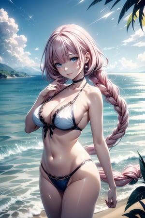 op quality, masterpiece, best quality, super detailed, high resolution, HDR, Unity 16K wallpaper, high definition CG, beautiful details, depth, fine grain, super detailed, clarity, epic seven style, tenebrae, detailed eyes, dark grey eyes, ((very long hair, pink hair)), ((very long single braid)), shiny white hair, detailed face, best smile, (cute facial expression changes), (random cute pose changes), accessories, (super detailed gal kei swimsuit), cleavage, thin waist, slim waist, protruding buttocks, above the knees, beautiful bright colors, (orange light), (light particle wallpaper), (sparkling light), cowboy shot, clouds, wide sandy beach, ocean, blue sky