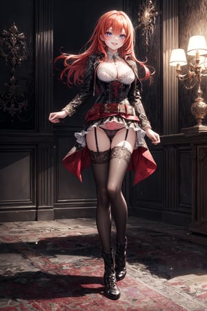 ((Top Quality, Masterpiece, Top Quality, Super Fine, High Resolution, HDR, Unity 8K Wallpaper, High Resolution CG, Beautiful Details, Depth, Subtlety, Super Fine, Vitality)), (Style by EpicSeven ) Eye detail, Break, Face detail, Shining red hair, Arm detail, 4 thumb joints, Beautiful legs, Happy smile, Accessories, (Full body tribal tattoo), ((Costume details) ) ) ) ), ((Riders jacket details, (Riders jacket embroidery details), Break, (Inner gothic corset check)), Break ((Pleated miniskirt)), (Gothic belt), Break, (Extra (Ed.) Sheer) Stockings)), D-cup cleavage, Break, Very bright colored particles, Shining light, (Very bright colored particles)), Close-up, Slightly dim lighting, Orange Colored Lighting, Gothic Room, Blake, (Cute and Sweet Pose Change), Blake, Staring and Laughing, (High-Class Gothic Room), (Gothic Boots), Detailed String Panties, Blake, (Detailed Web Tights) ), break, girl , black curtains closed, morning scenery